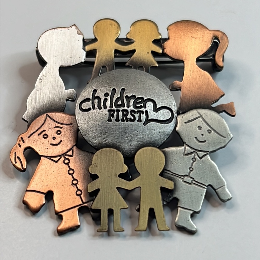 Vintage Tricolor Adorable "Children First" Brooch / Pin